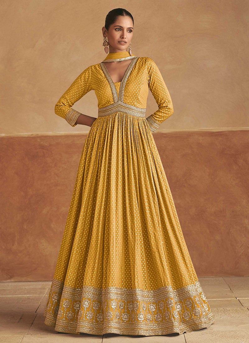 Mustard Viscose Silk Gota Embroidered Sequins Abaya Style Classy Anarkali Suit Festive Wear