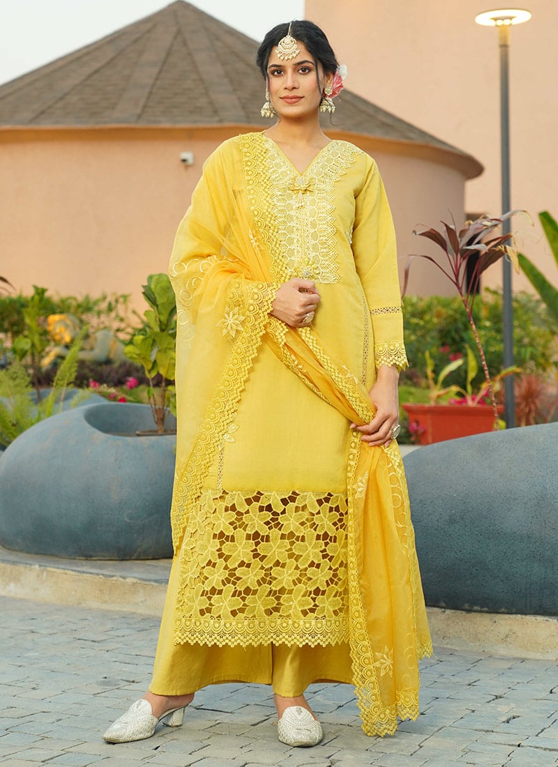 Mustard Viscose Silk Schiffli Sequins And Beads Work Palazzo Suit Festive Wear
