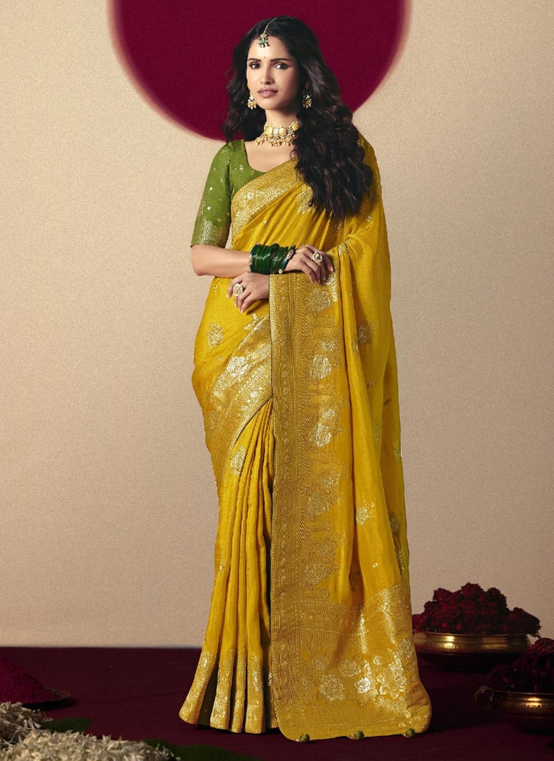 Mustard Viscose Zari And Jacquard Saree Festive Wear