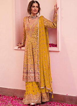 Mustard Yellow A Line Georgette Sequins Hand Embroidered Sharara Suit
