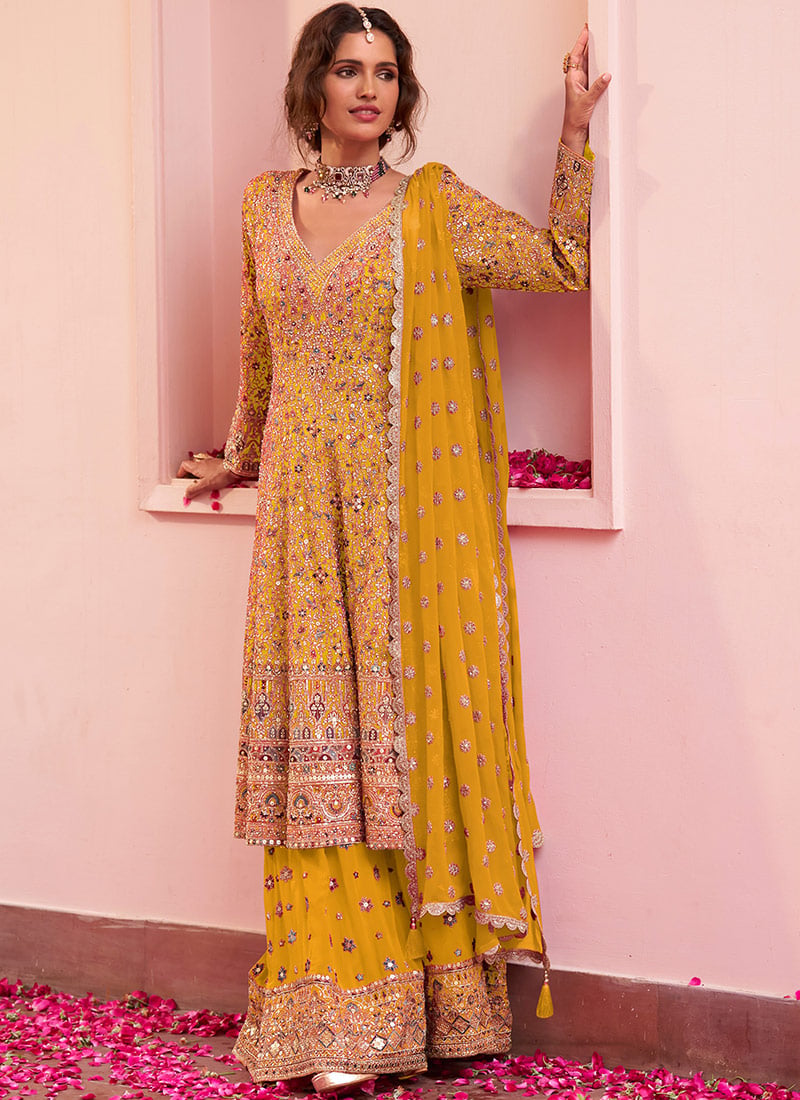 Mustard Yellow A Line Georgette Sequins Hand Embroidered Sharara Suit Wedding Wear