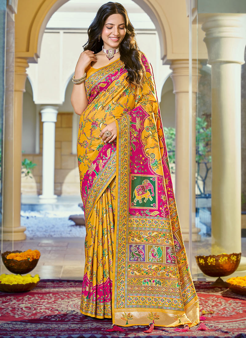 Mustard Yellow Banarasi Satin Silk Regal Zari Woven Saree Festive Wear