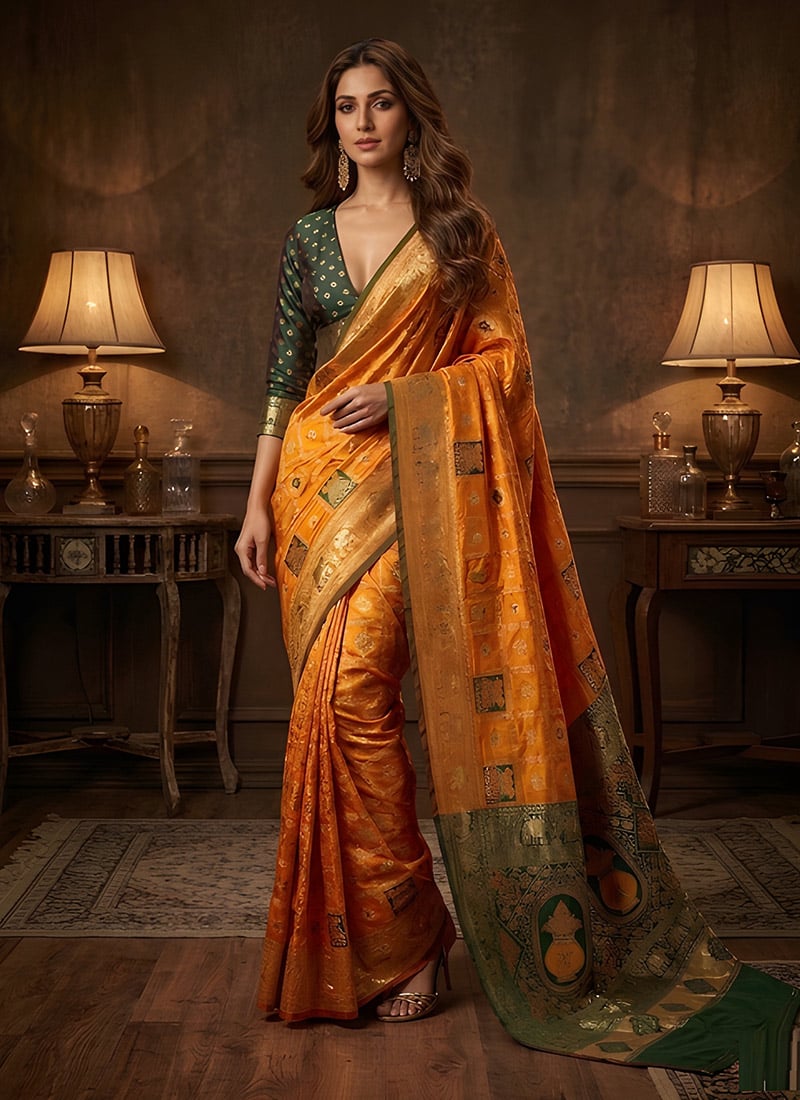 Mustard Yellow Banarasi Silk Zari Saree Festive Wear