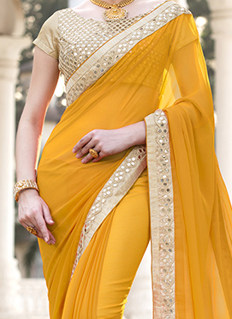 Buy Mustard yellow Border Saree, sari Online Shopping