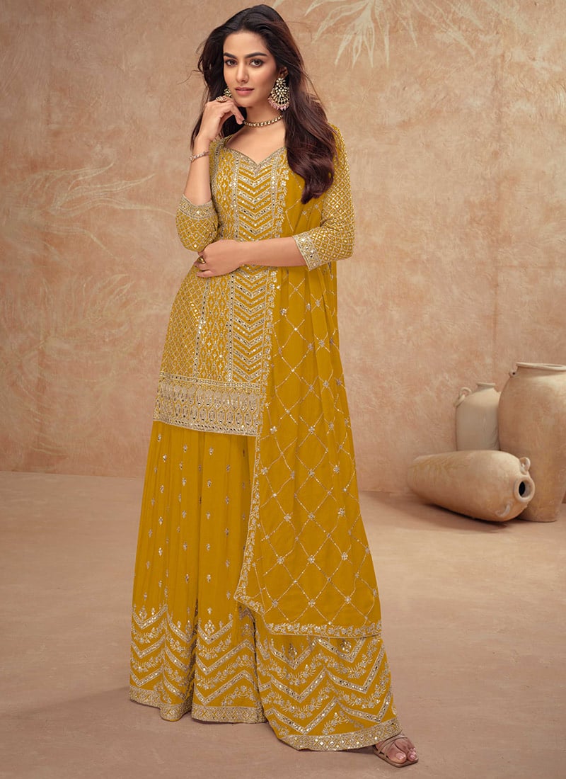 Mustard Yellow Chinon Embroidered Sequins Palazzo Suit Festive Wear