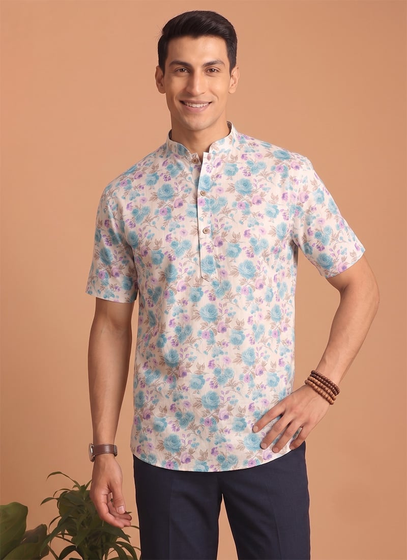 Mustard Yellow Cotton Digital Print Kurta For Men
