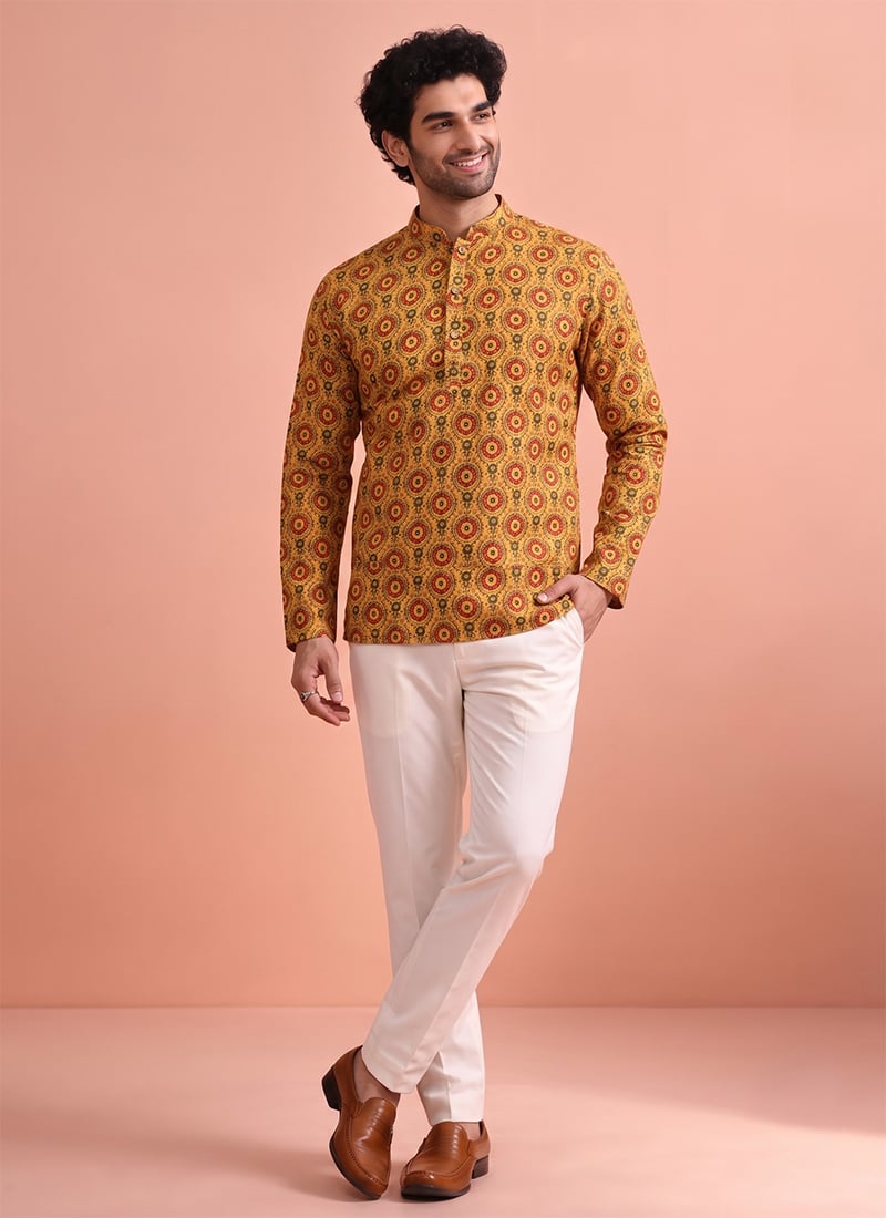 Mustard Yellow Cotton Digital Print Short Kurta For Men