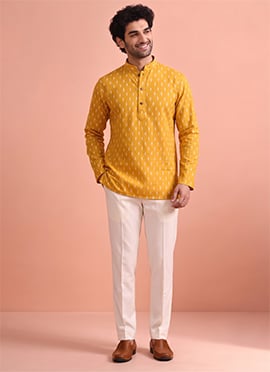 Mustard Yellow Cotton Digital Print Short Kurta For Men