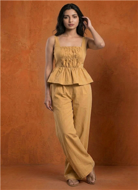 Mustard Yellow Cotton Smocked Peplum Co-ord Set