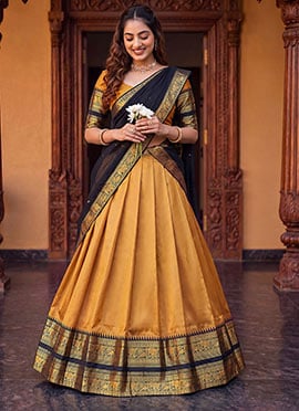 Mustard Yellow Cotton Zari Weaving Lehenga