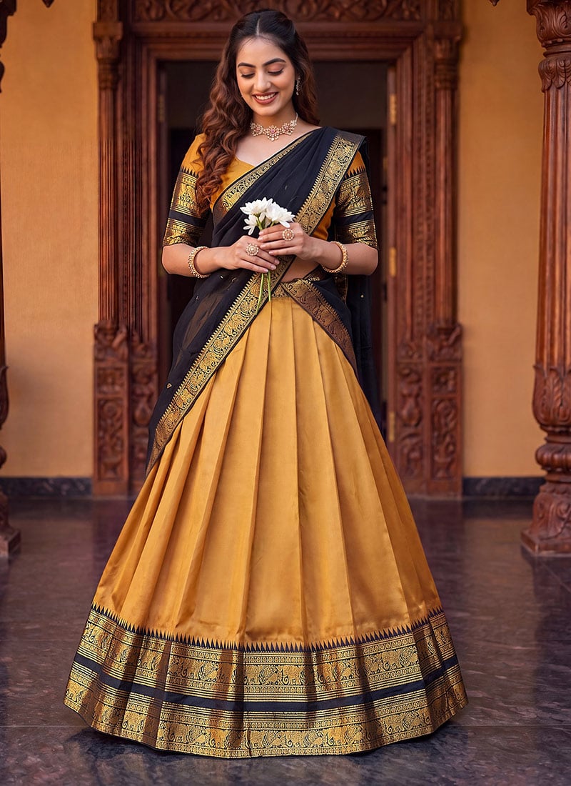 Mustard Yellow Cotton Zari Weaving Lehenga Festive Wear