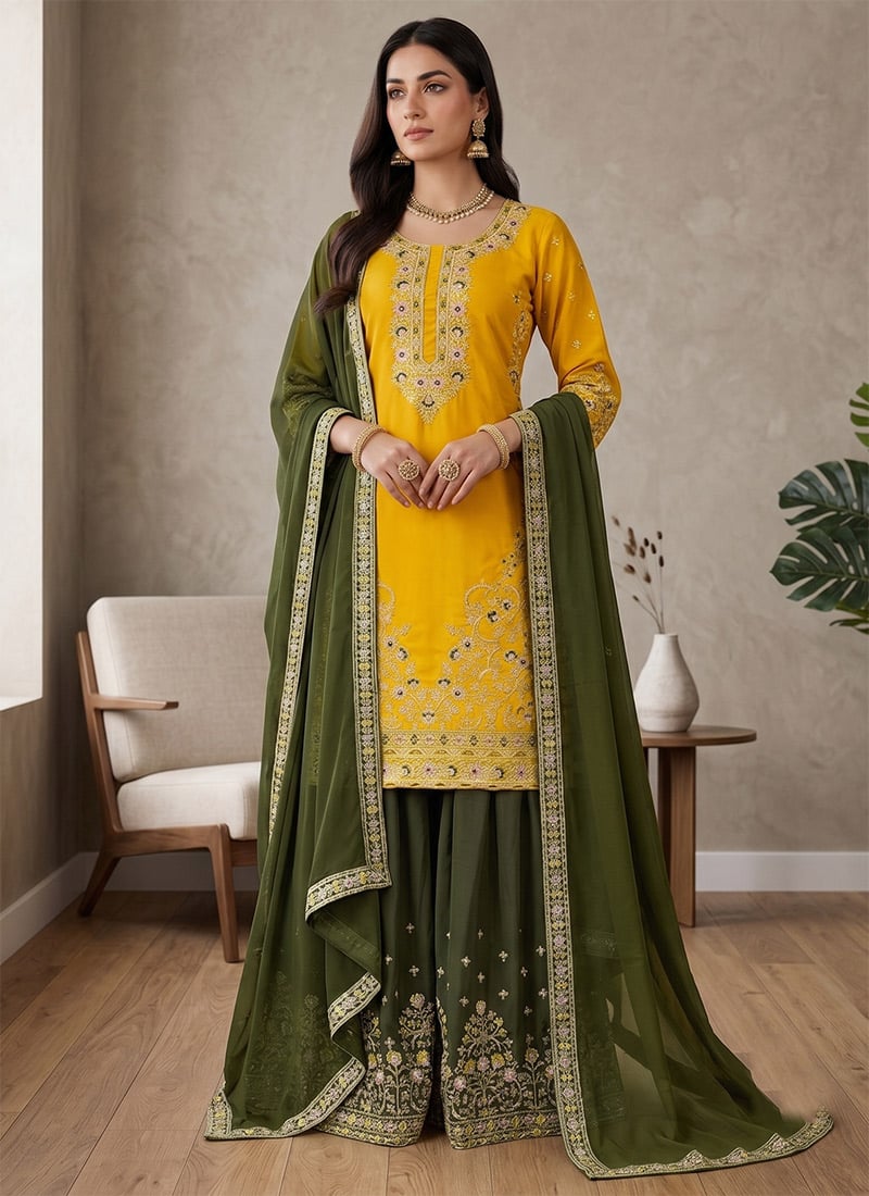 Mustard Yellow Crepe Embroidered Sequins Palazzo Suit Festive Wear