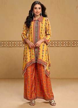 Mustard Yellow Crepe Ikat Printed Sequins Embroidered Kurta Palazzo Set