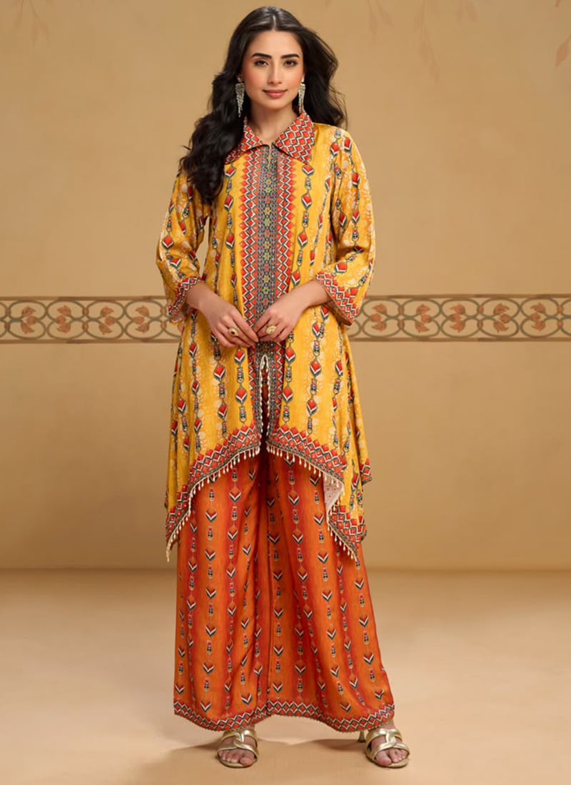 Mustard Yellow Crepe Ikat Printed Sequins Embroidered Kurta Palazzo Set Work Wear