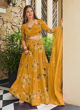 Mustard Yellow Crepe Silk Digital Print Lehenga