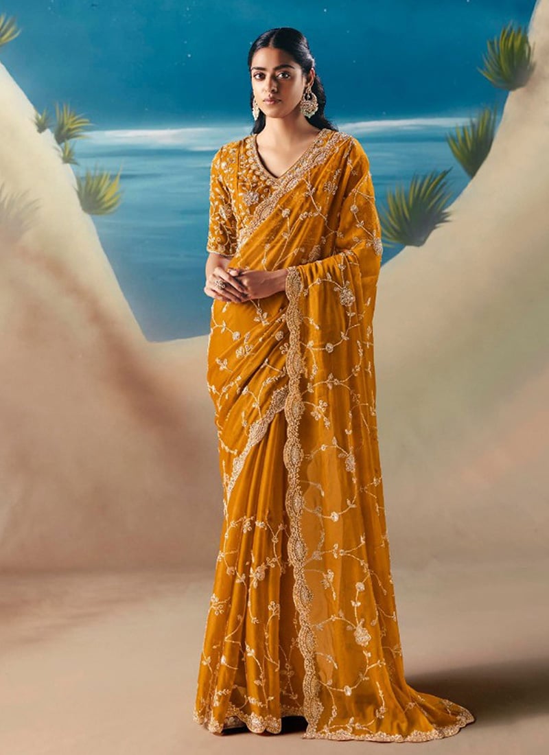 Mustard Yellow Fancy Silk Zari Embroidered Sequins With Beads Work Saree Wedding Wear