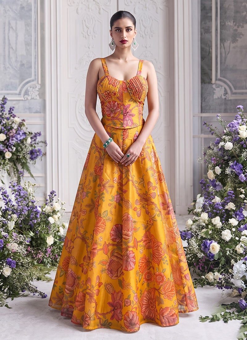 Mustard Yellow Floral Tabby Organza Embroidered Printed Corset Crop Top Skirt Set  After Six Wear