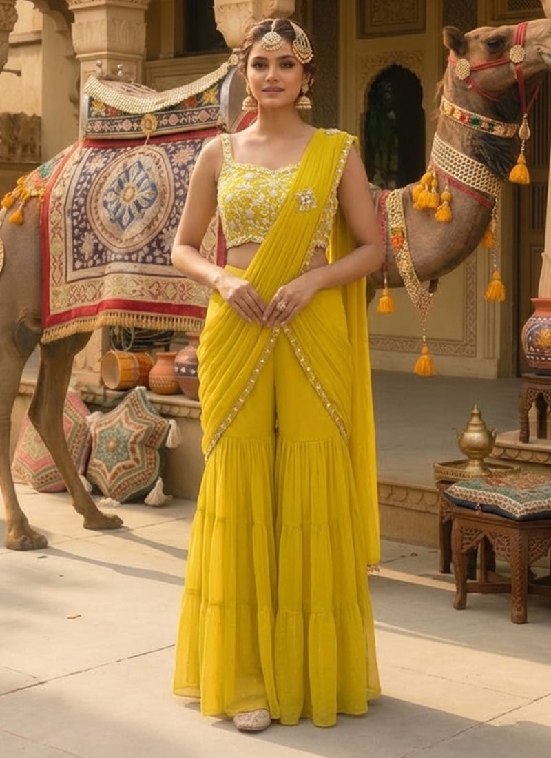 Mustard Yellow Georgette Hand Embroidered Sequins With Beads Work Pre Draped Sharara Saree Wedding Wear