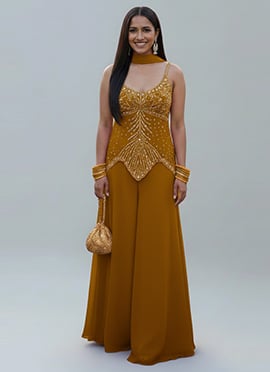Mustard Yellow Georgette Sequins Embroidered Palazzo Suit