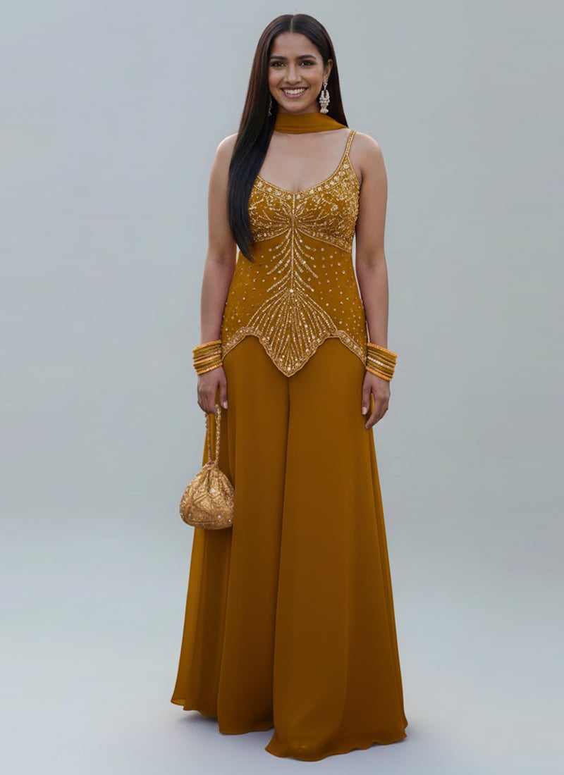 Mustard Yellow Georgette Sequins Embroidered Palazzo Suit