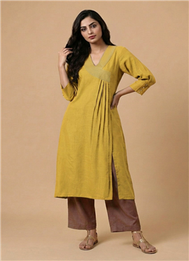 Mustard Yellow Golden Drape Linen Cotton Kurta Set