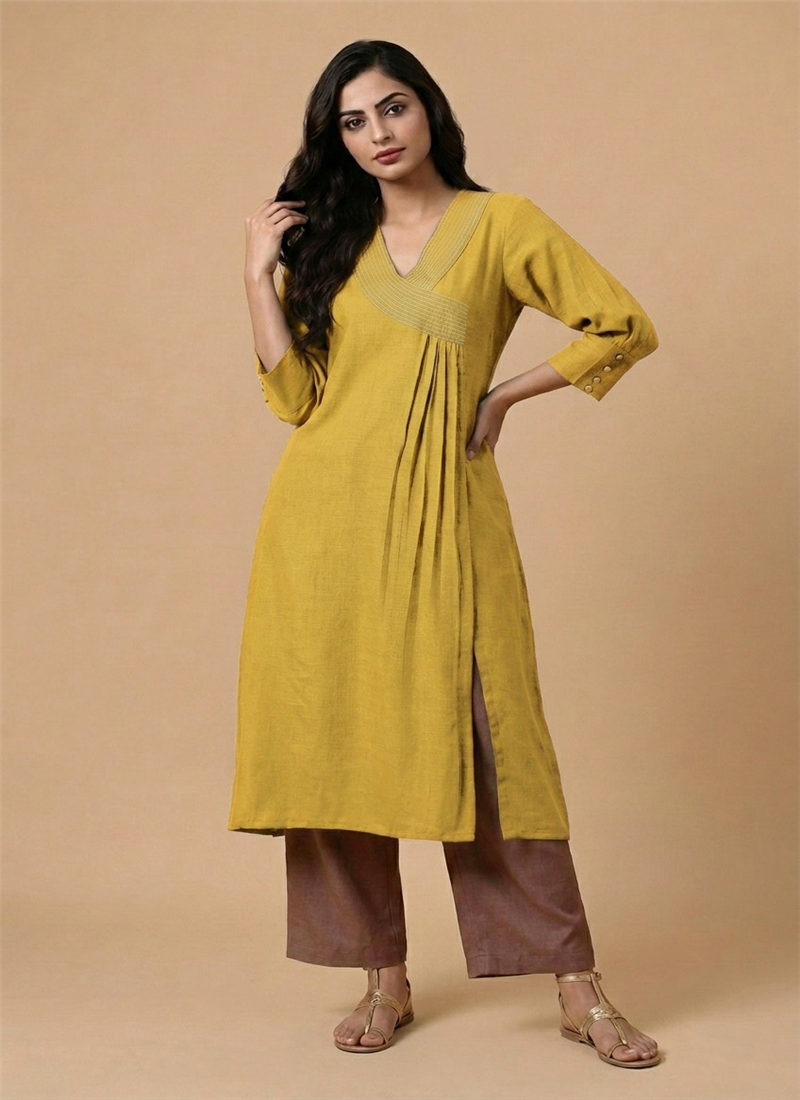 Mustard Yellow Golden Drape Linen Cotton Kurta Set After Six Wear