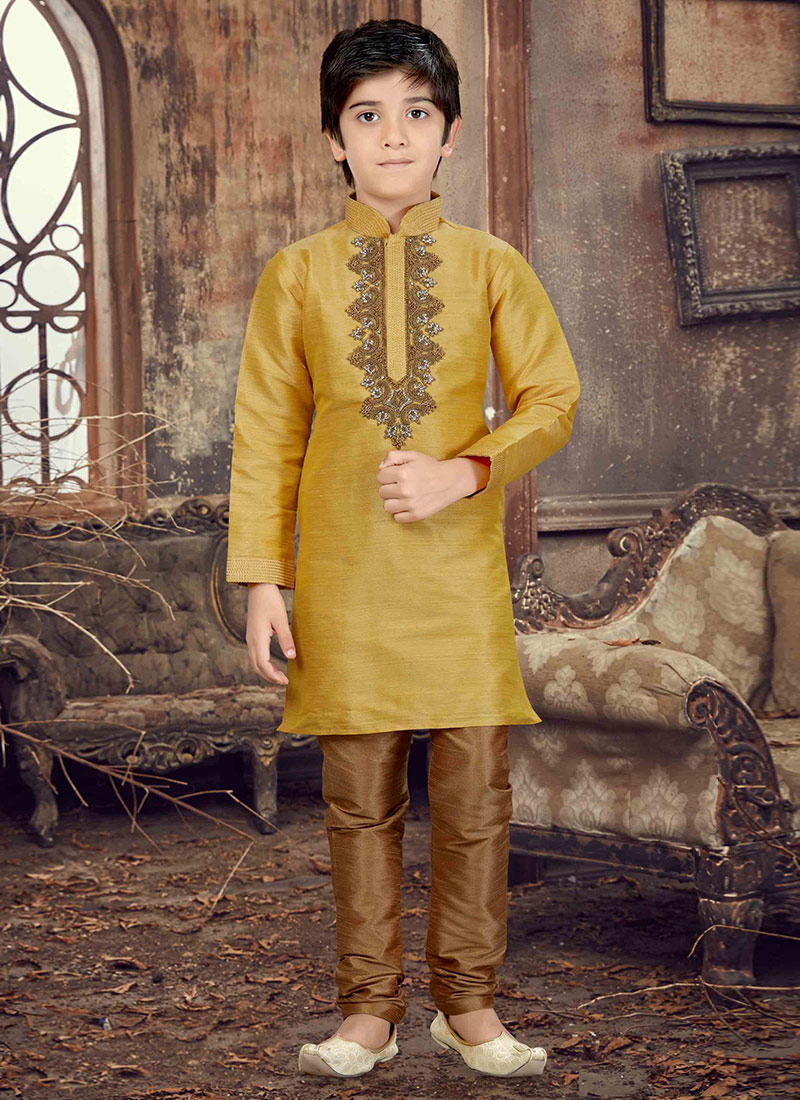 Buy Mustard Yellow Kids Embroidered Kurta Pyjama, Embroidered , Stones