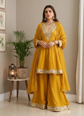 Mustard Yellow Mirror Work Chinon Palazzo Suit