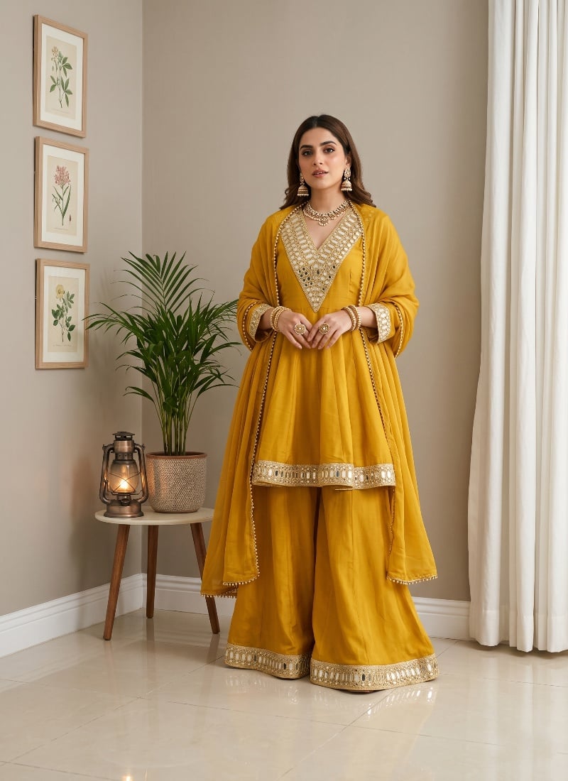 Mustard Yellow Mirror Work Chinon Palazzo Suit After Six Wear