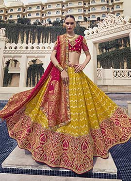 Mustard Yellow Organza Zari Embroidered Sequins Beads Lehenga