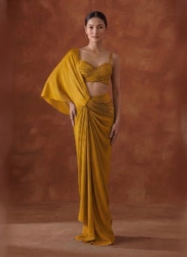 Mustard Yellow Pre Draped Saree Pleated Satin Saree