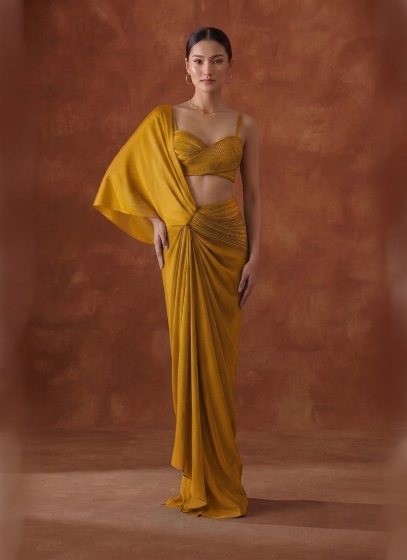 Mustard Yellow Pre Draped Saree Pleated Satin Saree Wedding Wear