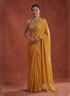 Mustard Yellow Pre Draped Saree Sequins Cutdana Hand Embroidered Organza Saree