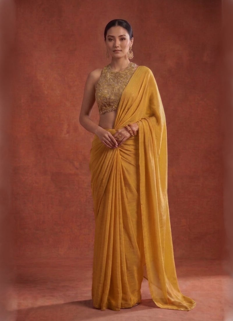 Mustard Yellow Pre Draped Saree Sequins Cutdana Hand Embroidered Organza Saree Wedding Wear