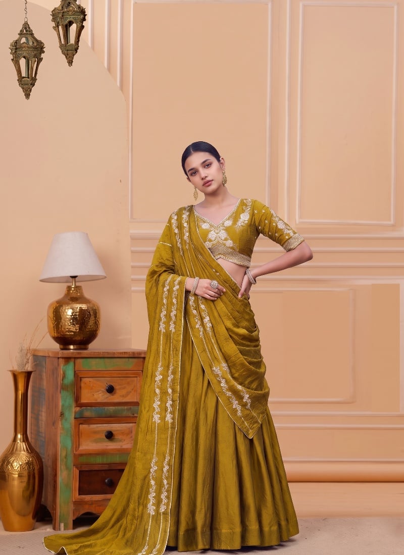 Mustard Yellow Rangoli Crush Sequins Embroidered Lehenga After Six Wear