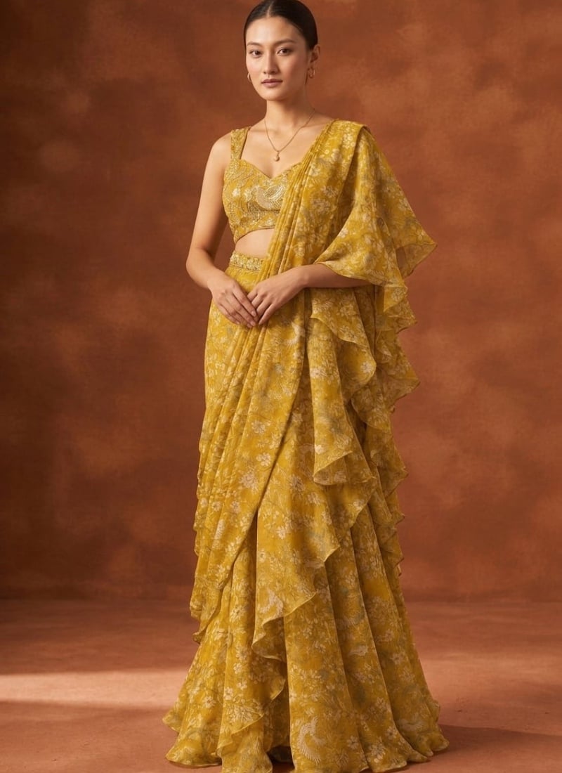 Mustard Yellow Ruffle Saree Digital Print Sequins Cutdana Georgette Wedding Wear