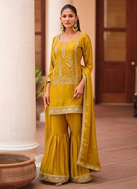 Mustard Yellow Satin Embroidered Zari Sequins Sharara Suit