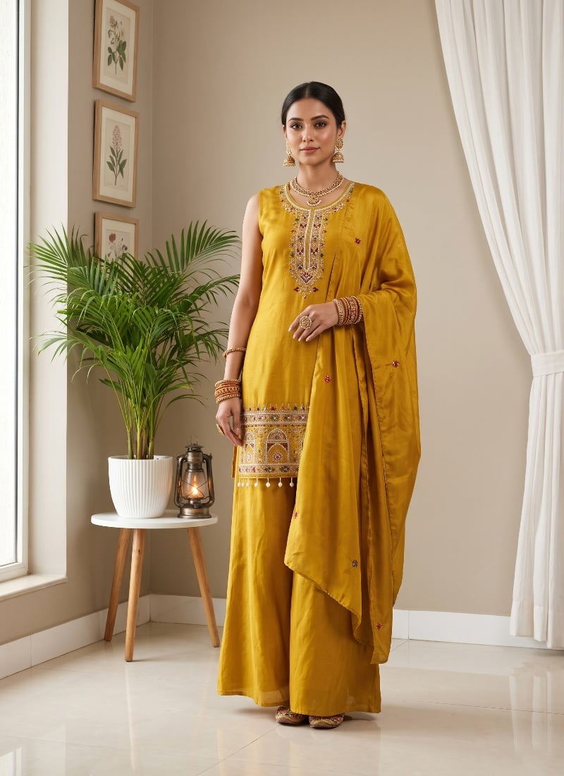 Mustard Yellow Sequins Embroidered Chinon Palazzo Suit After Six Wear