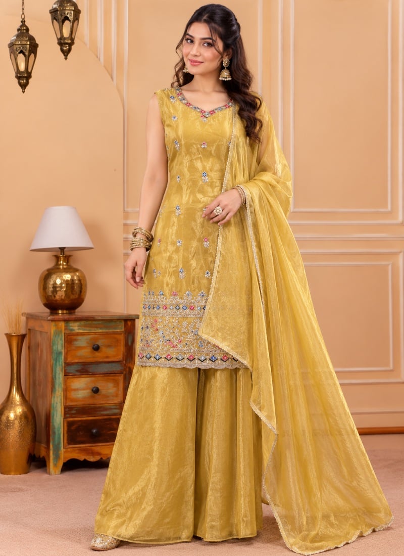 Mustard Yellow Sequins Embroidered Silk Palazzo Suit After Six Wear