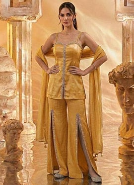 Mustard Yellow Silk Hand Embroidered Cutdana With Stone Work Palazzo Suit
