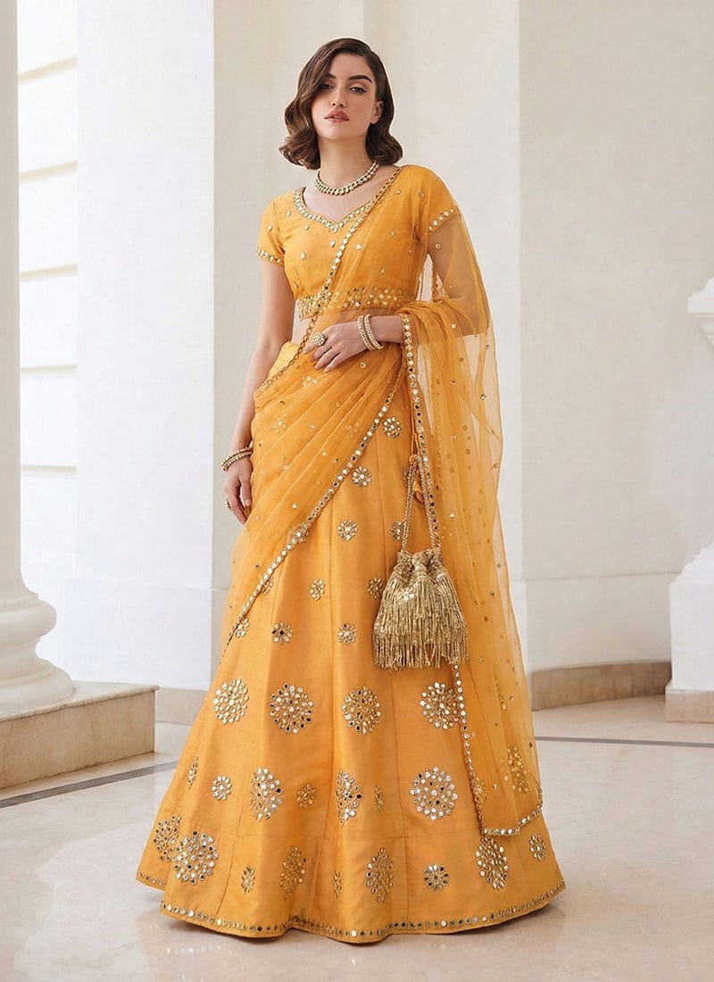 Mustard Yellow Silk Zari Embroidered Sequins With Mirror Work Lehenga Wedding Wear