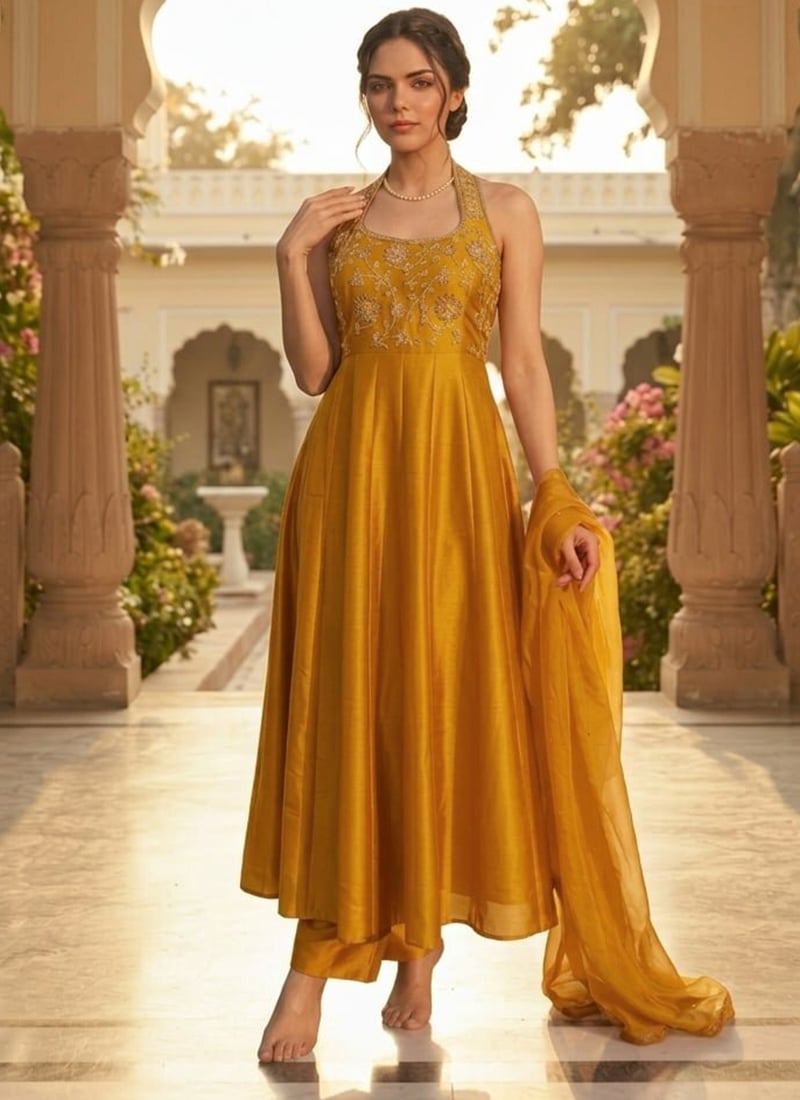 Mustard Yellow Silk Zari Sequins Halter Neck Anarkali Suit Festive Wear
