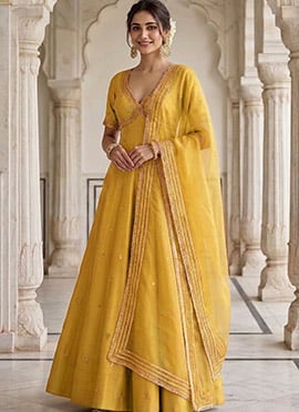 Mustard Yellow Silk Zari Sequins Hand Embroidered Anarkali Suit