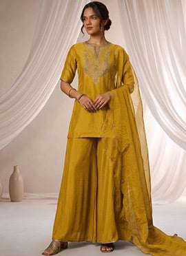 Mustard Yellow Silk Zari Sequins Palazzo Suit