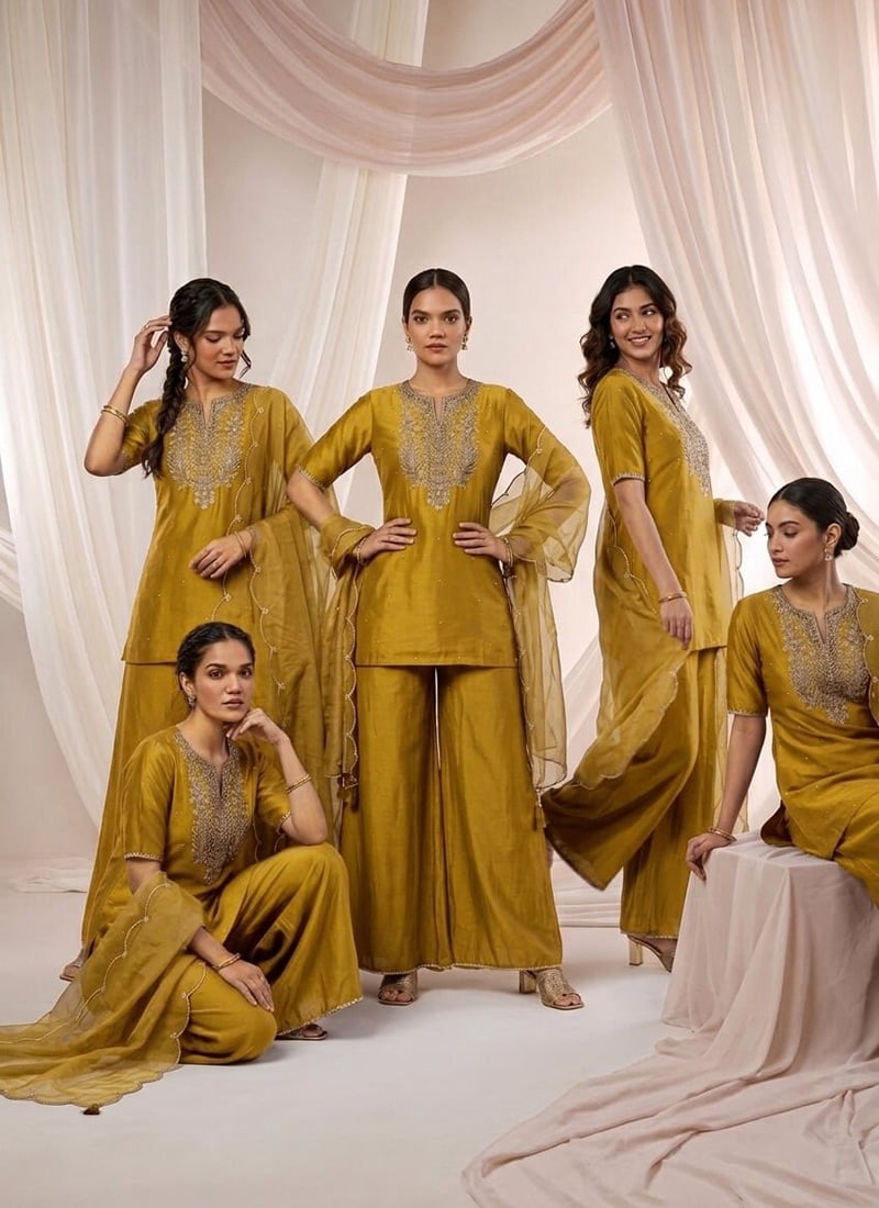 Mustard Yellow Silk Zari Sequins Palazzo Suit Festive Wear