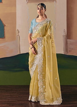 Mustard Yellow Tissue Silk Zari Embroidered Sequins Saree