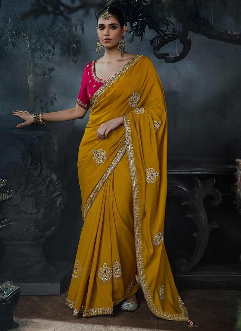 Mustard Yellow Tissue Silk Zari Embroidery Sequins Stone Work Saree Wedding Wear