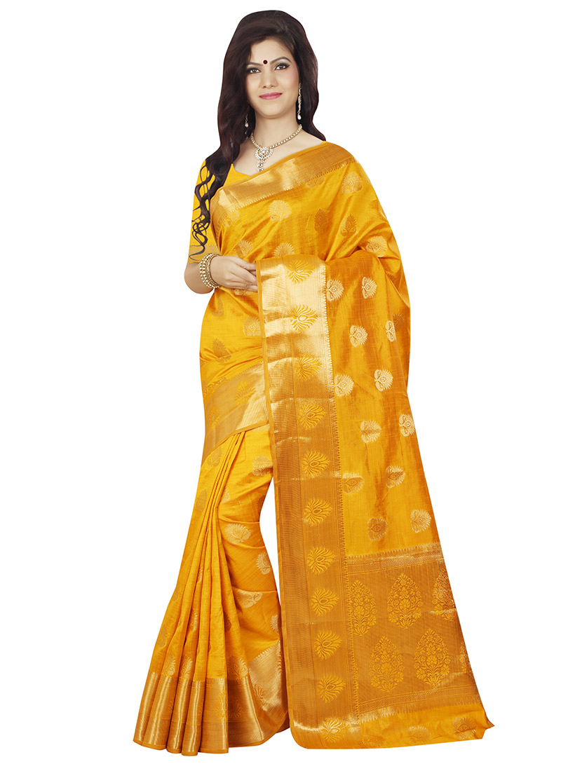 Buy Mustard Yellow Tussar Silk Zari Weaved Saree, sari Online Shopping