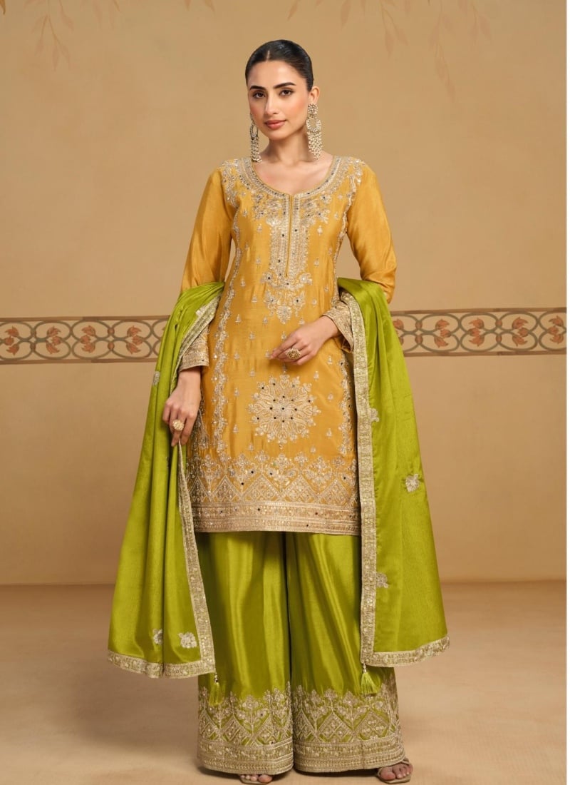 Mustard Yellow Zari Sequins Embroidered Chinon Palazzo Suit Festive Wear