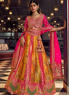 Mustard Zari Embroidered Sequins Banarasi Lehenga